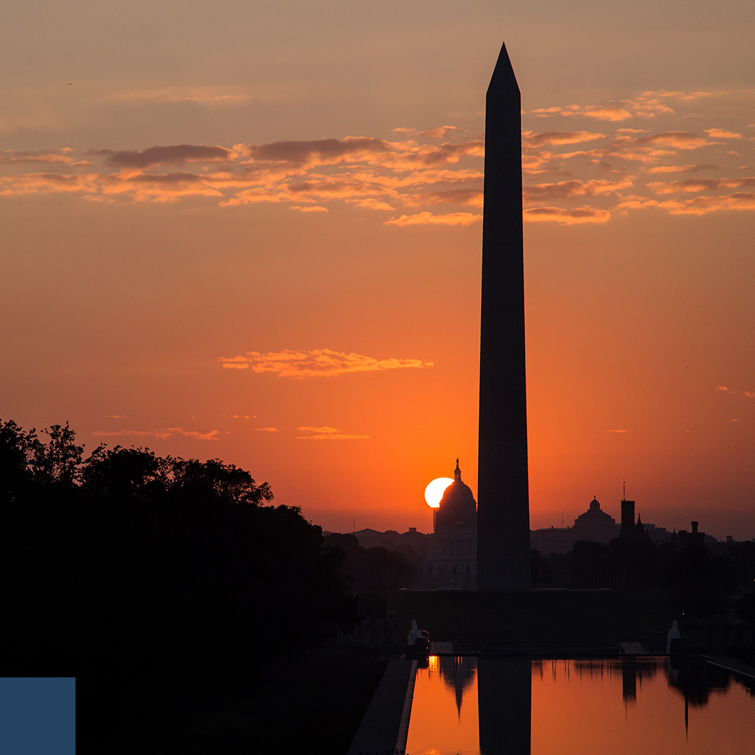 Global Economic Governance - the Washington monument at sunset