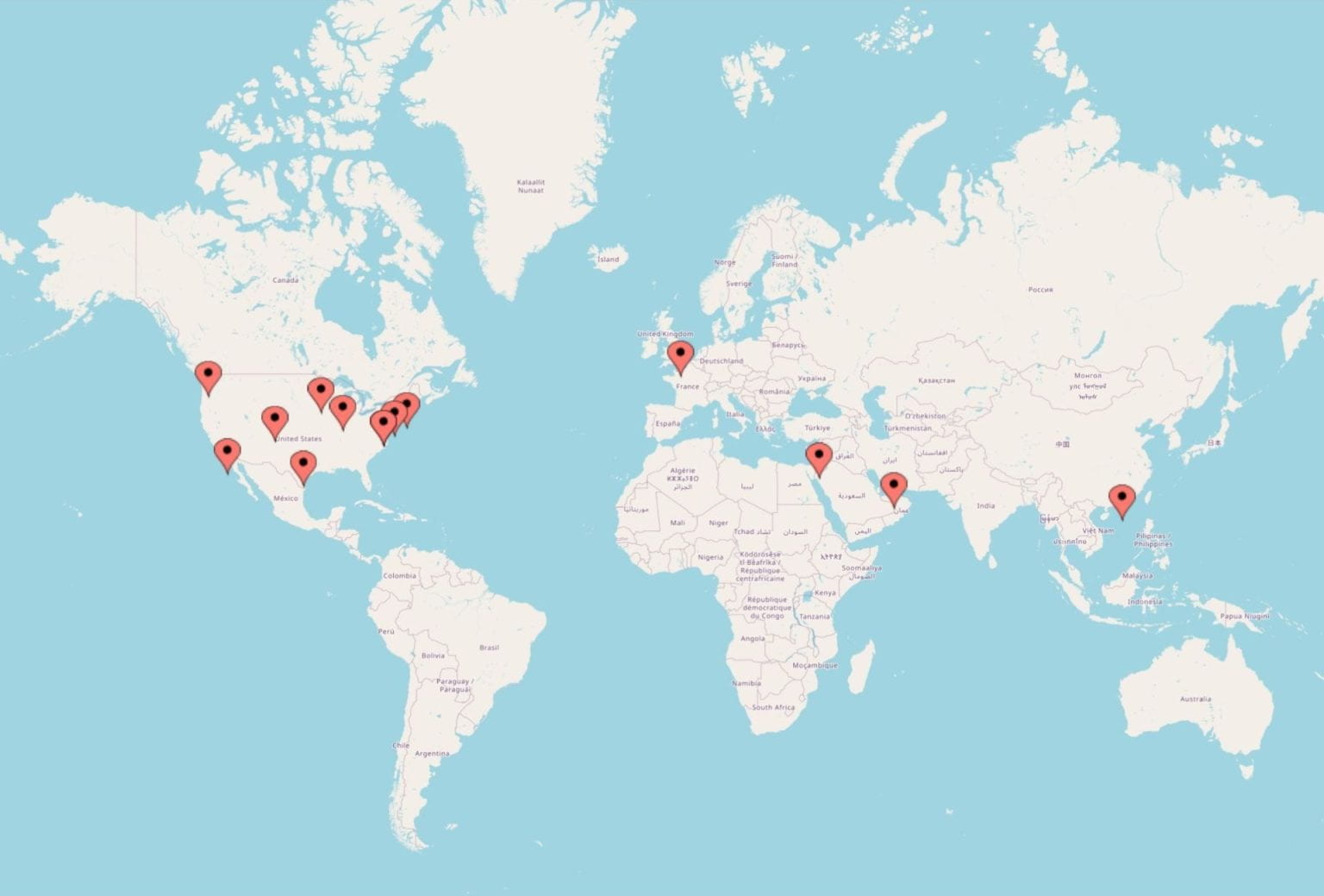 World map with pins that mark where executive circle members have conducted their work.